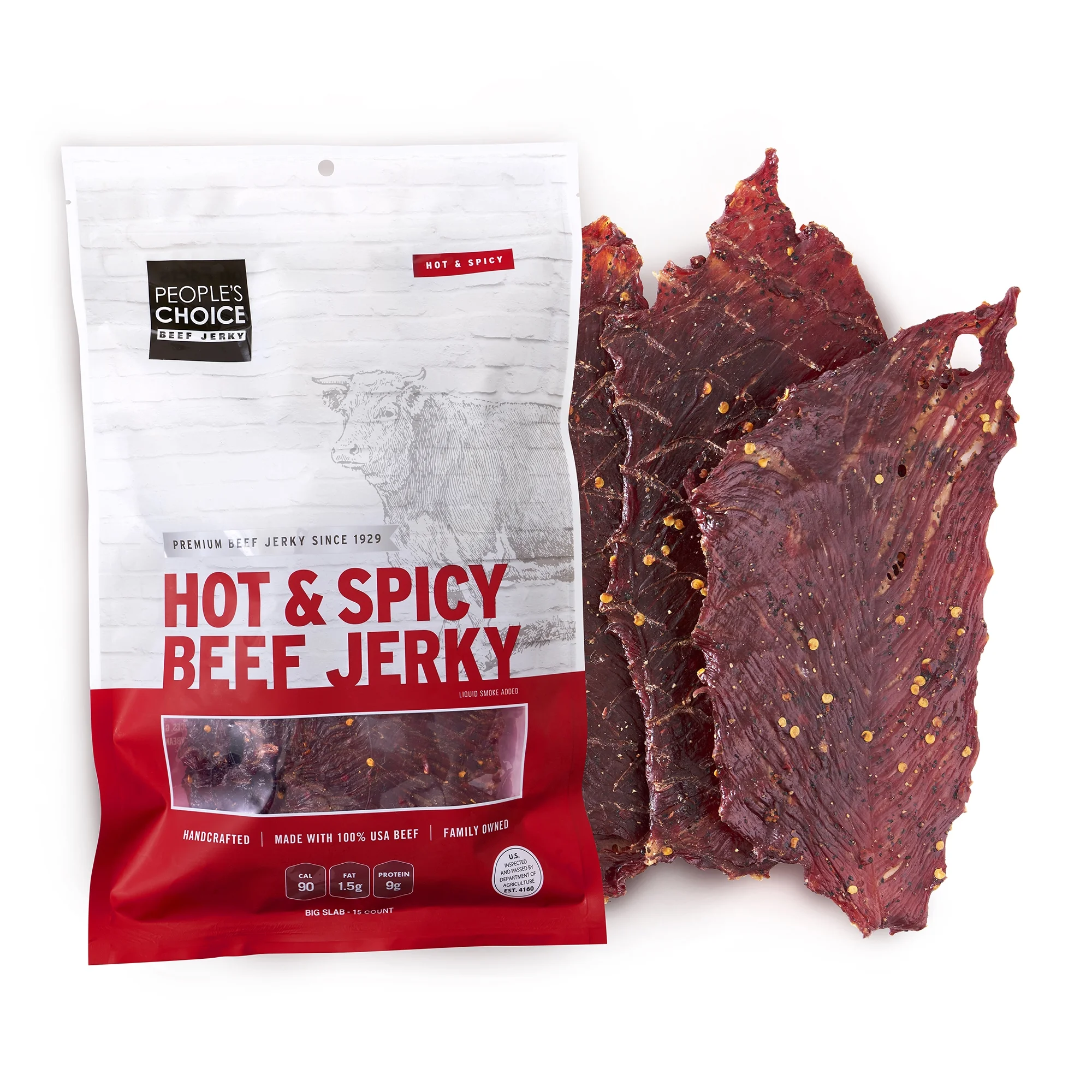 People's Choice Beef Jerky - Classic - Hot & Spicy - Big Slab - Premium Cuts - Thin Sheets - 15 Count, 1 Bag