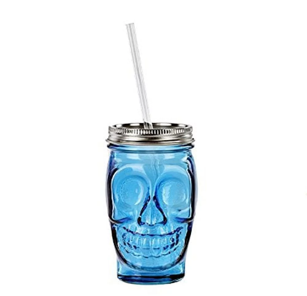 Couronne - Sugar Skull Glass Tumbler w/ Straw - Aqua Blue