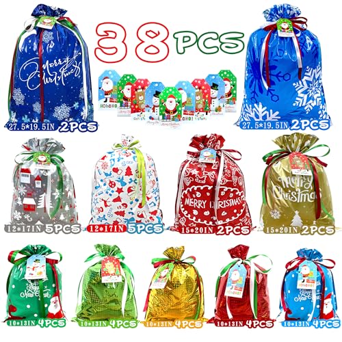 Diamerd 38PC Christmas Gift Bags with Tags & Ribbon Ties, Assorted Sizes for Xmas Holiday Present Wrapping & Festival Party Supplies-Small/Medium/Large