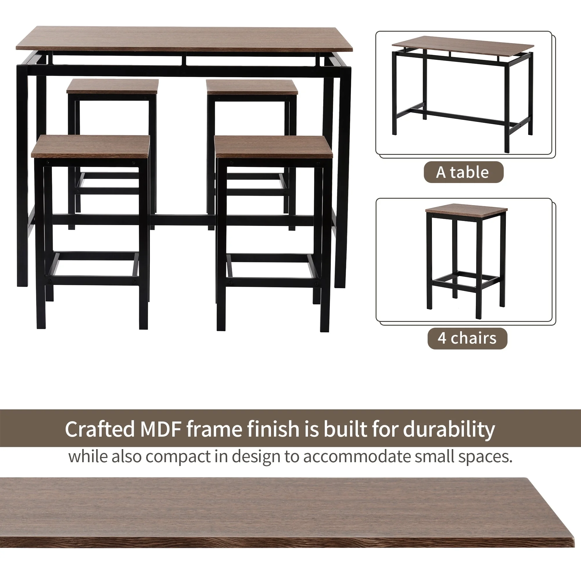 Bar Table and Chairs Set, 5-Piece Dining Table Set Industrial Counter Height Pub Table with 4 Chairs, Kitchen Breakfast Table Dark Brown