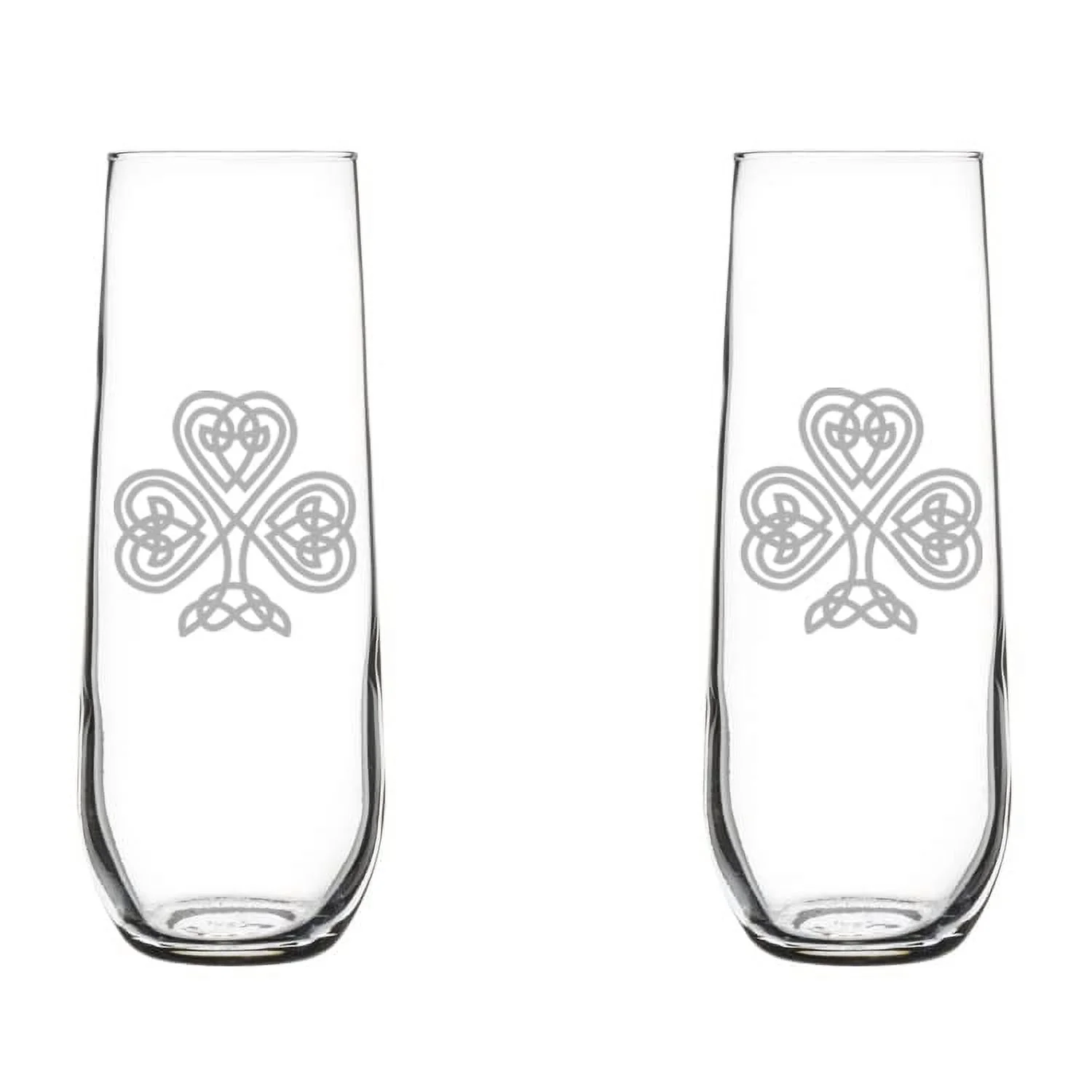 Set of 2 Glass Champagne Flutes Sparkling Wine Glasses Celtic Clover Shamrock (8.5 oz Stemless)
