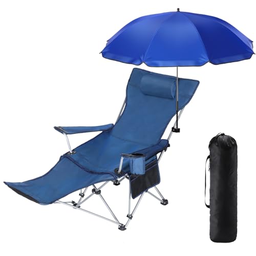 Karenhi 1 Set Beach Camping Chair with Umbrella for Adult Folding Reclining Camping Chair with Foot Rest Adjustable Clamp Canopy Shade for Outdoor Patio Beach Travel(Black)