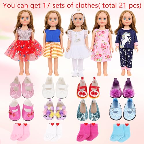 18-Inch Doll Clothes & Accessories Kit: 5 Pre-Styled Outfit Sets + 2 Pairs of Shoes (8 Styles Available) - Fashion Dress-Up Play Set for Dolls, Gift for Girls Ages 3-10