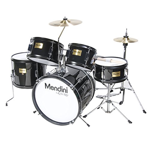 Mendini by Cecilio Drum Set, 5 Piece 16 Inch Junior Drums Kit with Bass, Toms, Snare Drum, Cymbal, Hi-Hat, Drumsticks & Seat for Beginner Student (Metallic Black)