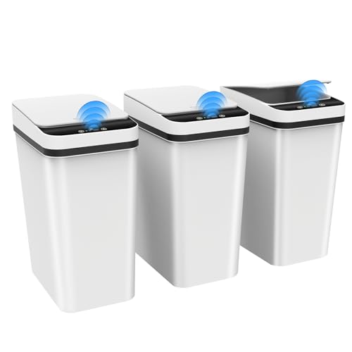 3 Pack Automatic Small Bathroom Trash Can with Lid - 2.5 Gallon Touchless Garbage Can, Motion Sensor Smart Trash Bin, Slim Dog Proof Trashcan, Waterproof Plastic Wastebasket for Bedroom Office Kitchen