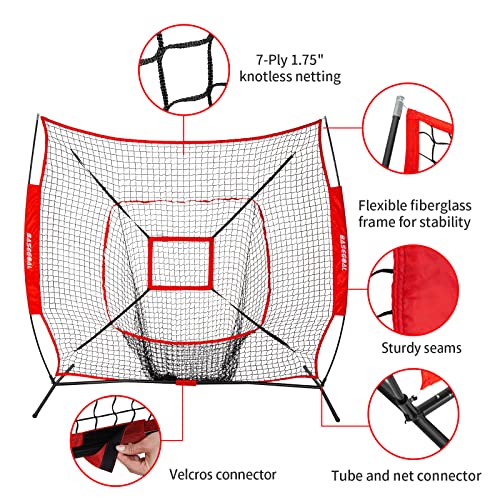 7'×7' Baseball Softball Practice Net,Baseball Backstop,for Hitting Pitching Batting Catching with Bow Frame,Bonus Strike Zone