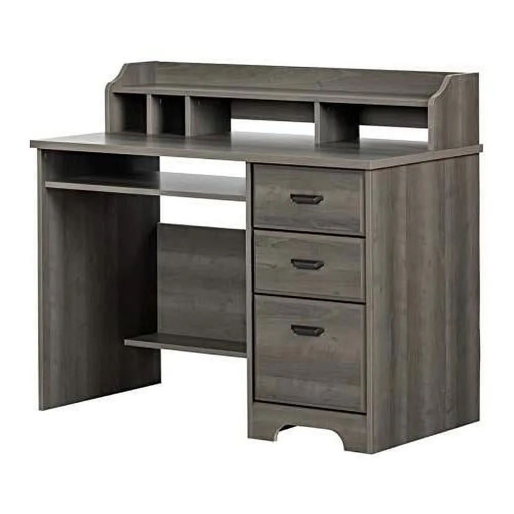 Rustic Computer Desk With Keyboard Tray, Modern Wood Writing Desk With Drawers And Shelves For Home Office, Dark Grey