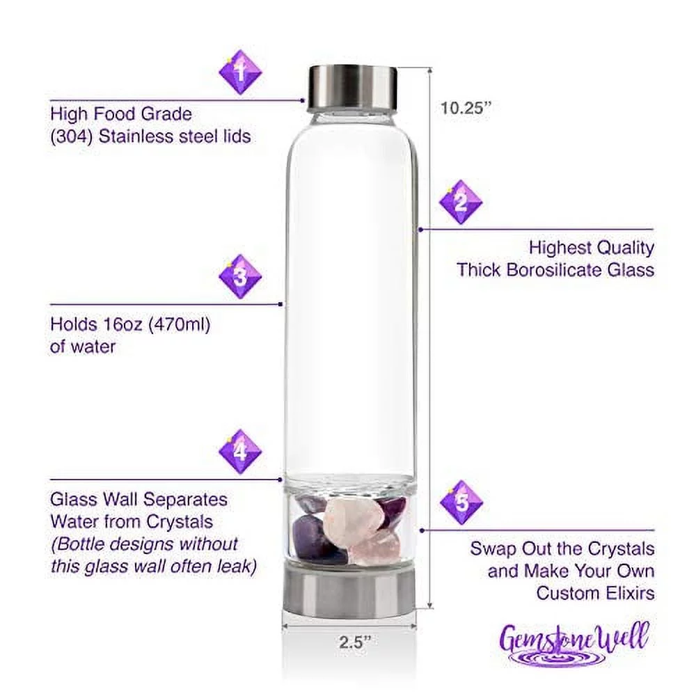 Crystal Water Bottle Elixir Set | Includes Authentic Amethyst & Clear Quartz Crystals And Healing Stones | Black Neoprene Sleeve | Drink Gem Infused Water On The Go