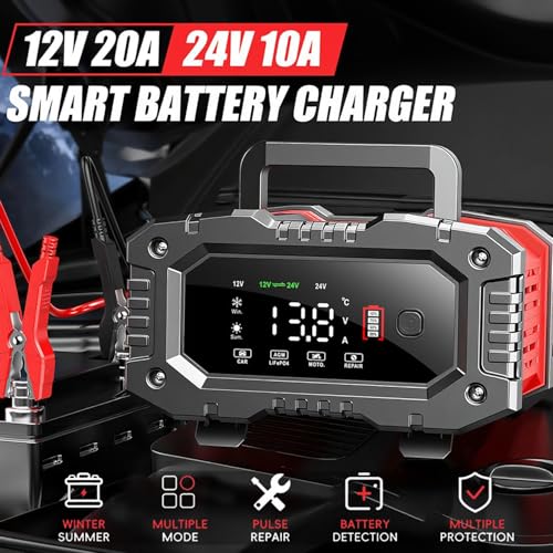 Premium 20Amp Battery Charger, 12V/24V LiFePO4 Lead Acid AGM Smart Automatic Battery Trickle Charger Automotive, Battery Maintainer with Pulse Repair/Temperature Compensation for Car Truck Motorcycle