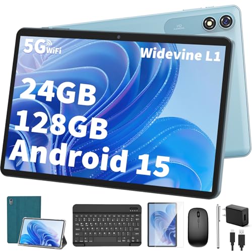 Android 15 Tablet with Keyboard, 26GB+256GB(2TB Expand), 10.1 Inch Tablet 8000 mAh Battery, BT 5.0, 5G WiFi, Widevine L1, Dual Camera, 2 in 1 Tab with Mouse, Case, Stylus(Black)