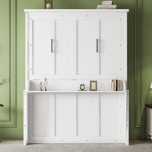 Queen Size Wall Bed with Desk, Wood Hidden Murphy Bed Frame, Foldable Murphy Cabinet Bed with Desk, Queen Size Murphy Bed, White
