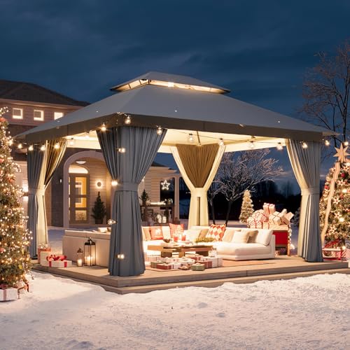 Aoxun 10'x12' Outdoor Patio Gazebo, Heavy Duty Party Tent with Wind-Resistant Ropes, Metal Frame Canopy with Mosquito Nettings and Privacy Screens for Backyard, Deck,Garden, Lawn, (Beige)