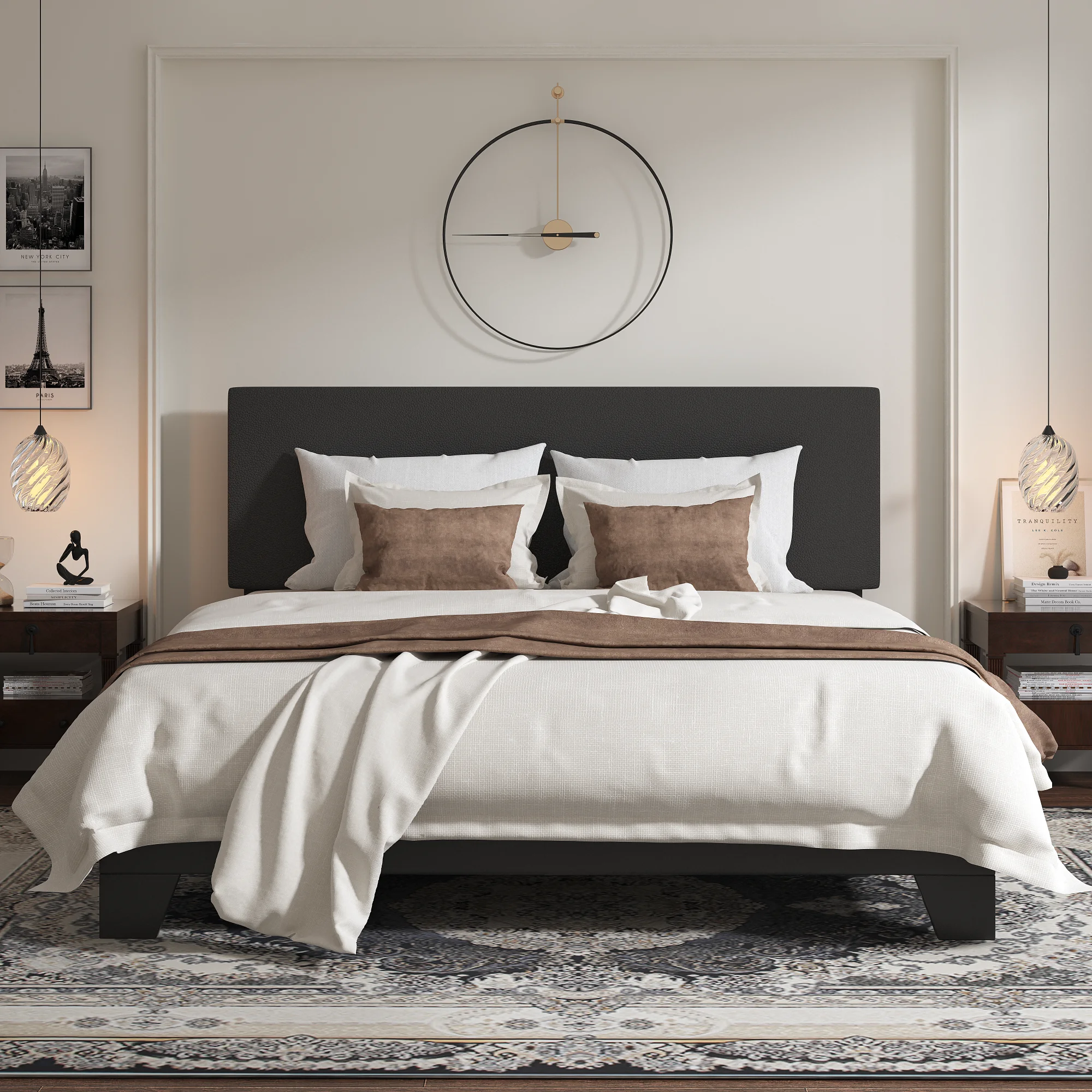 Einfach Queen Upholstered Platform Bed Frame with Adjustable Leather Headboard, No Box Spring Needed, Black