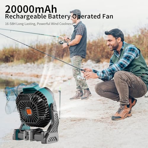 20000mAh Camping Fan with LED Lantern USB TpyeC Rechargeable Battery Operated Fan Outdoor Fans with Light & Hook,4 Speeds Personal USB Desk for Camping Black X26A