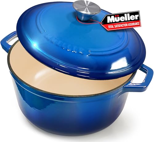 Mueller 6qt Enameled Cast Iron Dutch Oven, Heavy-Duty Casserole and Braiser Pan with Lid and Knob, Oven-Safe up to 500° F & Across All Cooktops, White