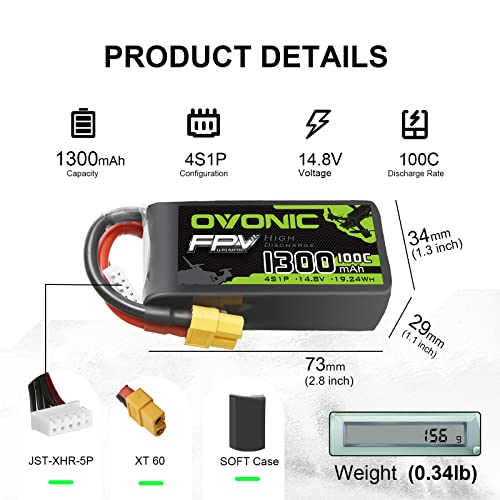 OVONIC 4s Lipo Battery 100C 1300mAh 14.8V Lipo Battery with XT60 Connector for RC FPV Racing Drone Quadcopter(2 Packs)