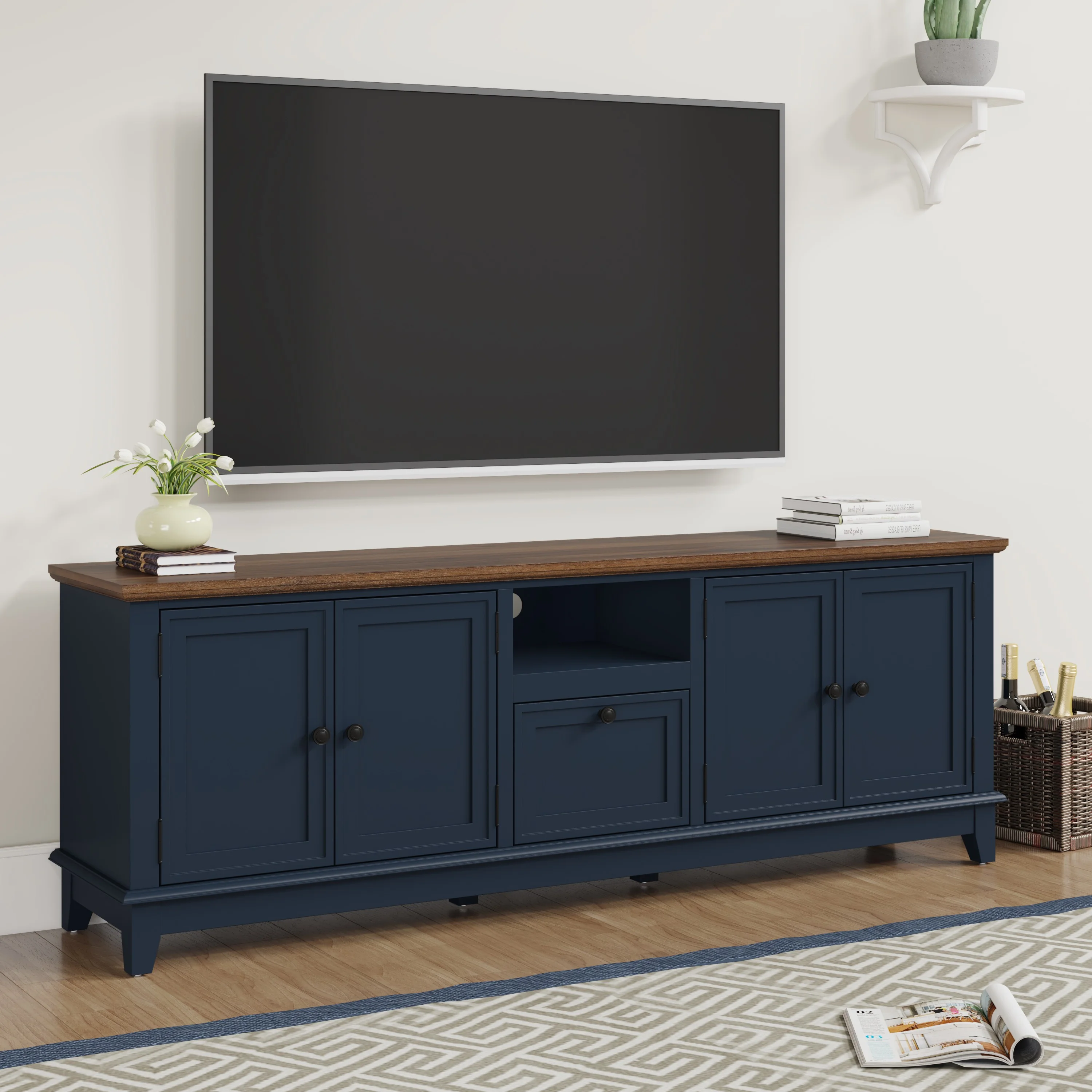 FESTIVO Rustic 72-Inch TV Stand with Adjustable Shelves, Hidden Storage - Navy Blue