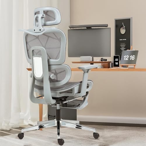 Ergonomic Mesh Office & Gaming Chair with Footrest, High Back Home Office Desk Chair, Comfortable Lumbar Support, 130° Tilt, Adjustable 3D Armrest & 2D Headrest (Grey)