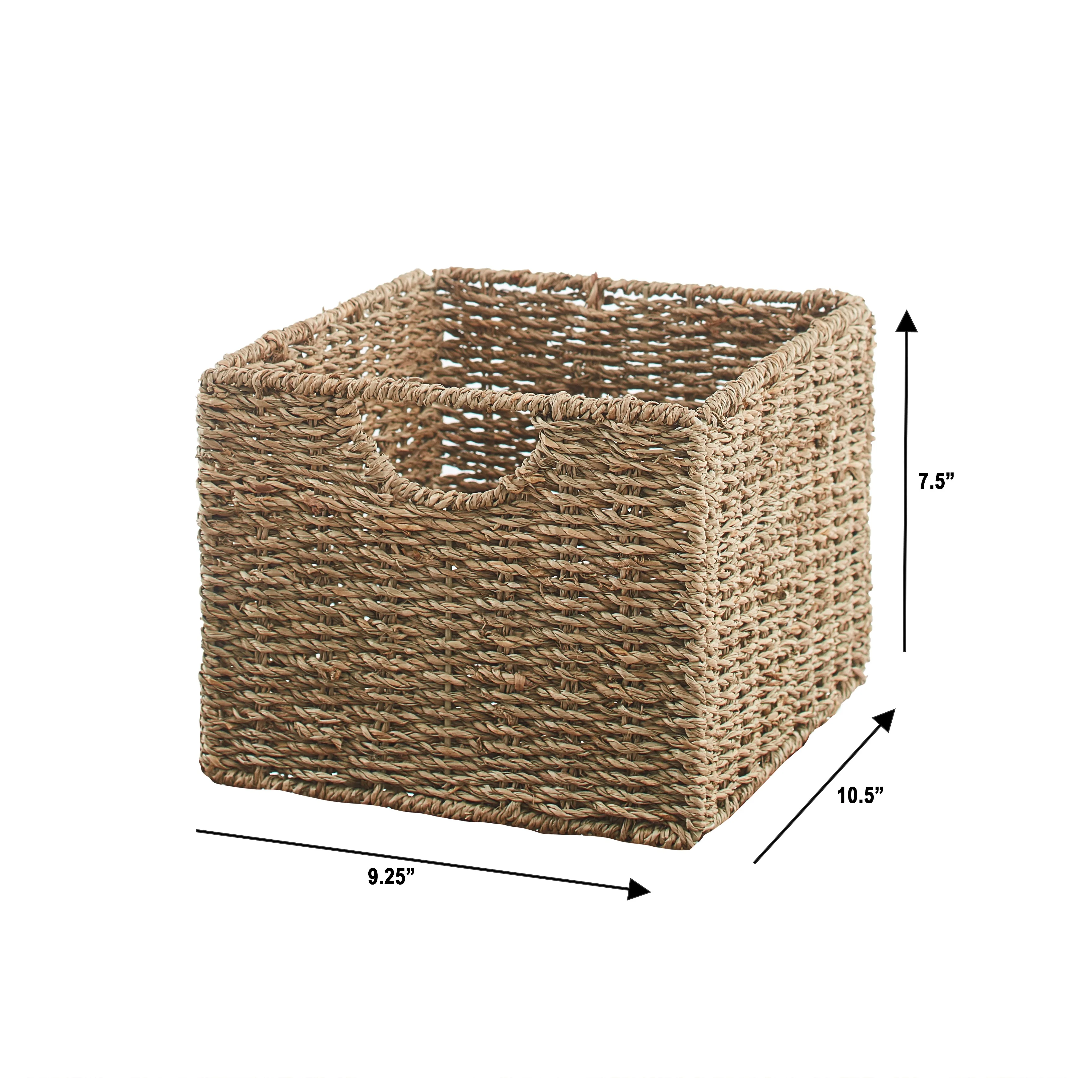 The Lakeside Collection Set of 3 Wicker Storage Basket Bins for Organizing Closet Shelf, Bathroom, Crafting, Kitchen, or Kids Room - Empty Handwoven Seagrass Cubes with Handle for Tidy Organization