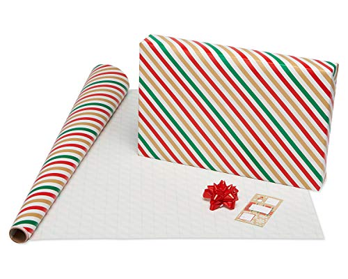 American Greetings Christmas Wrapping Paper Set, Red and Tan Brown Holiday Gift Wrap (120 sq. ft., 4 rolls-30 in. x 12 ft., 7 Adhesive Bows, 30 Gift Tag Stickers) Plaid, Stripes, and Snowmen