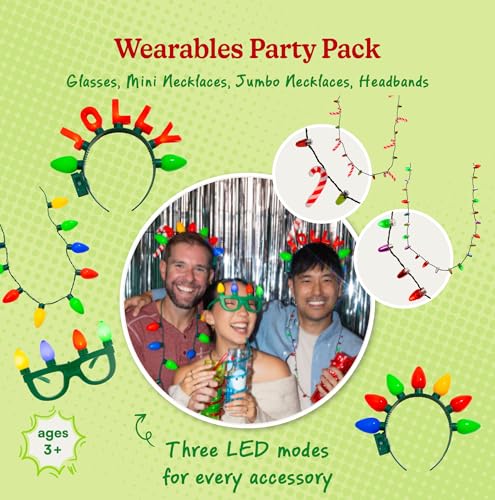 Light Up Christmas Necklace Set (4 Pack – Mini & Jumbo Bulb Necklaces), LED Glow Jewelry, 3 Light Modes, Holiday Party Favor, Stocking Stuffer, Ugly Sweater Accessory, Bulk Gift for Kids