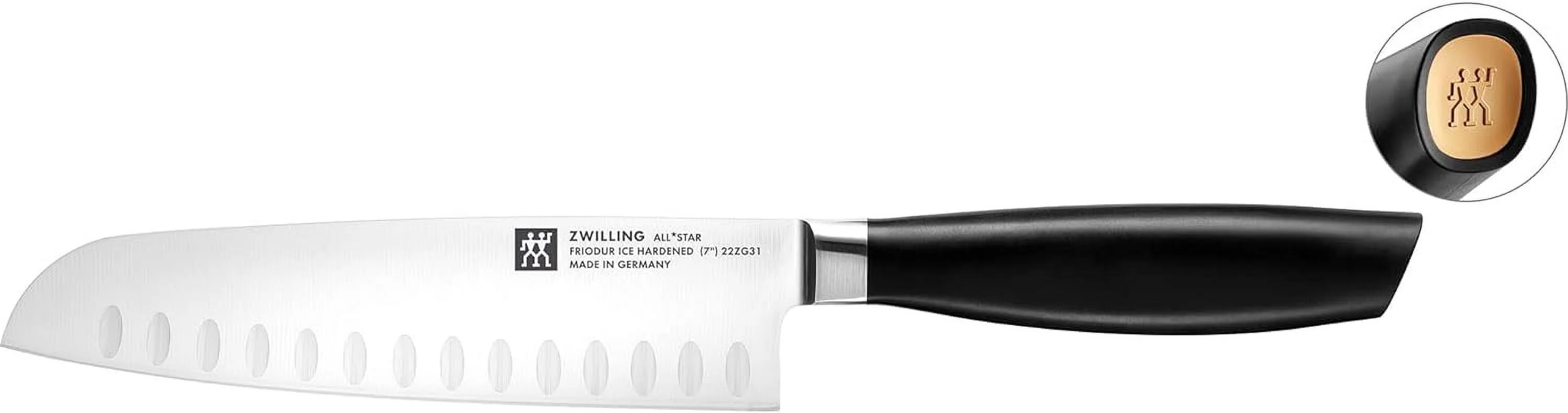 Open Box Zwilling All Star Hollow Edge Santoku Knife 7-inch, Gold Matte End Cap