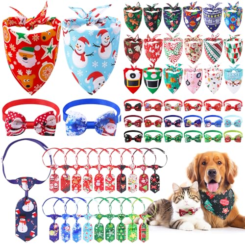 60 Pieces Christmas Dog Bandanas Bulk Xmas Bandanas for Dogs Bow Ties Pet Bowknot Triangle Pet Scarf Collar Bowtie with Christmas Patterns for Pets Costume Accessories Decoration