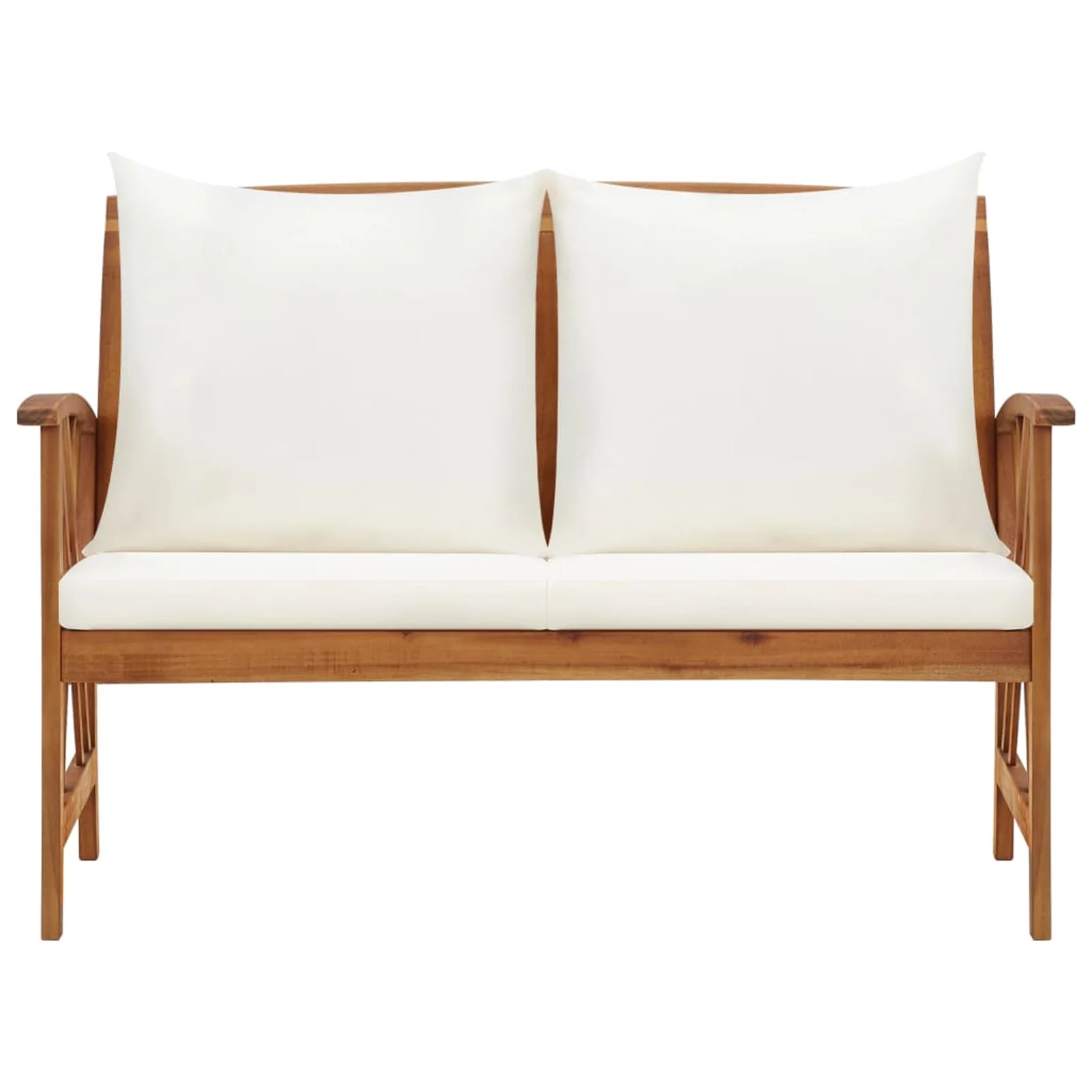 Dcenta Garden Bench with White Cushion and Pillow Acacia Wood Porch Chair Wooden Outdoor Bench for Backyard, Balcony, Park, Lawn Furniture 46.9 x 26.4 x 32.7 Inches (L x W x H)