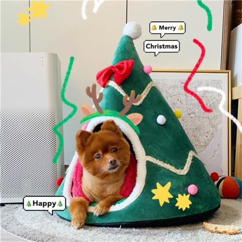 Christmas Tree Cat Bed for Indoor Cats House Tent with Detachable Pillow Xmas Cave Beds for Pets Cats and Dogs (Green Xmas Tree, 15.7 X 15 Inch)