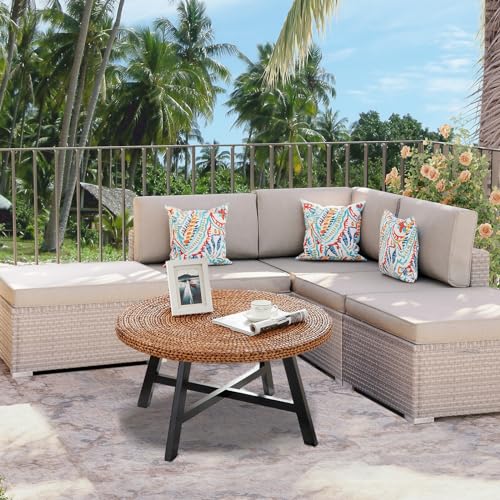 RANDEFURN Coffee Table Round, Seagrass Coffee Tables,Pine Wood X Base Frame Cocktail Table, Easy Assembled, Multiple Sizes for Living Room, Solid Wood Table,32 x 17 Inches,Natural