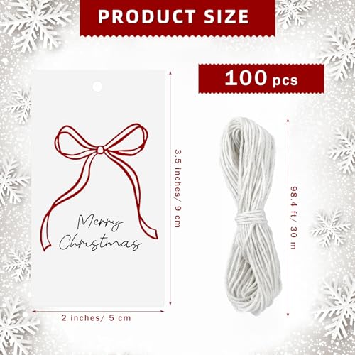 100 Pcs Christmas Presents Tags Red Color Bow Design Christmas Tags Xmas Bow Gift Labels with String for Presents Wrapping Paper Labels for Xmas Party Treat Cookie Decor