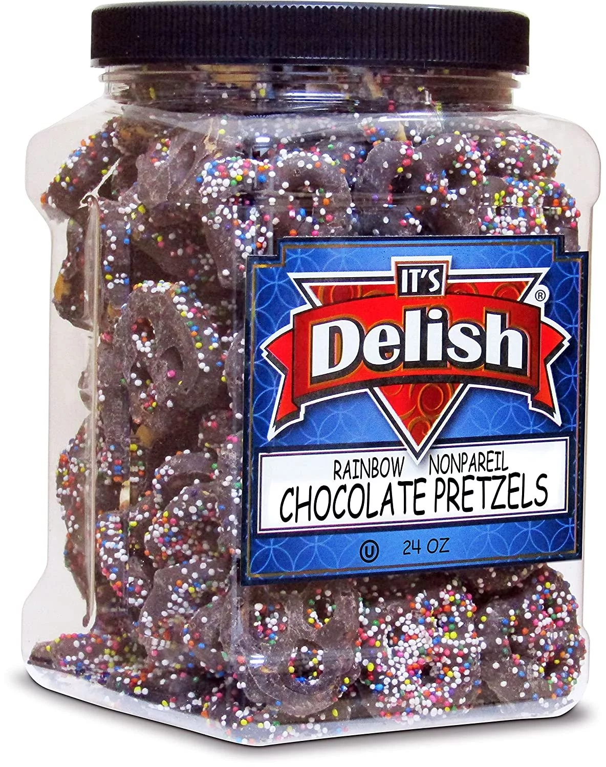 Rainbow Nonpareils Dark Chocolate Covered Pretzels by It's Delish, 1.5 Lbs Jumbo Container  Sweet & Salty Mini Pretzel Bite Size Pretzels Non Pareil Coated  Dairy-Free, Certified Kosher Parve