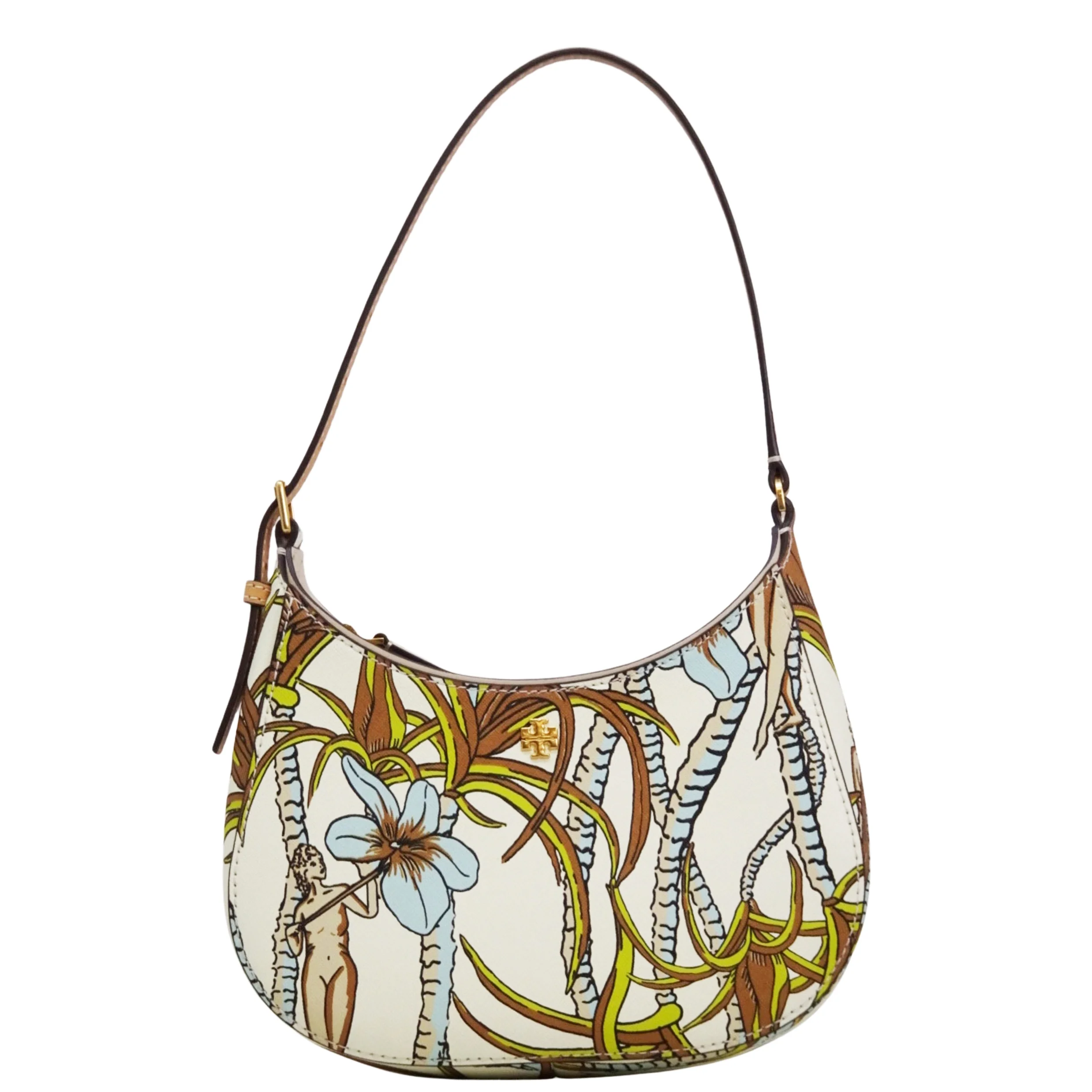 Tory Burch Emerson Printed Small Zip Shoulder Bag (Cream Brown Climbing Palms)