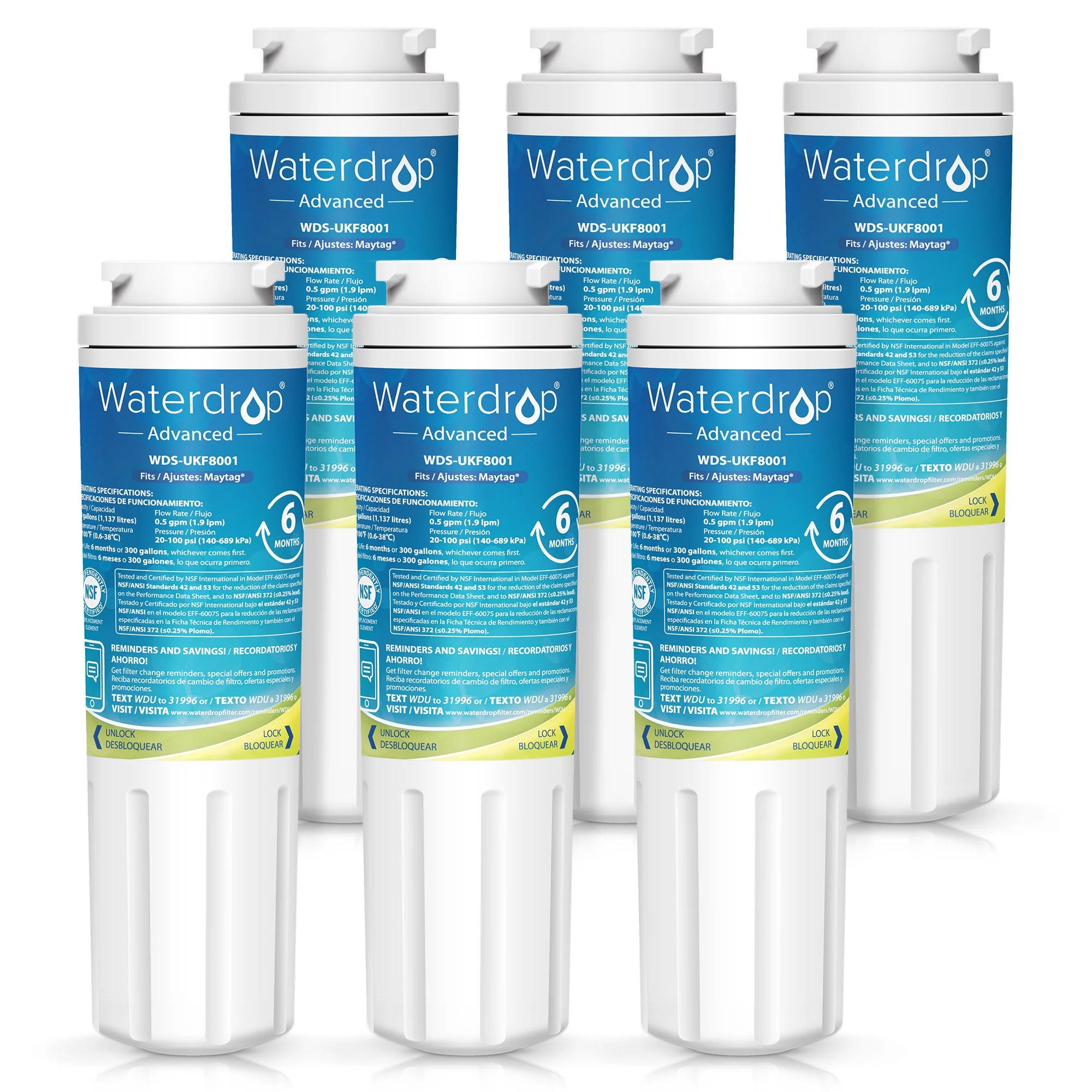Waterdrop UKF8001 Refrigerator Water Filter, Compatible with Maytag UKF8001, UKF8001AXX-750, UKF8001AXX-200, Whirlpool 469006, Filter 4, EDR4RXD1 (6 Pack)
