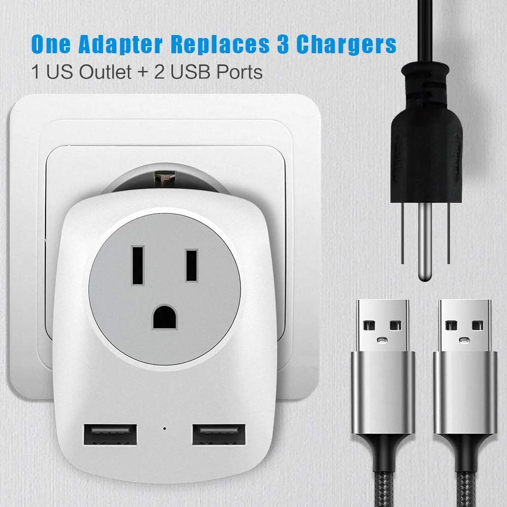 2Pack European Travel Plug Adapter (Not for UK), US to Europe Power Outlet Converter, USA to German Italy Spain France Greece Iceland Romania Russia Electrical Adaptor USB Wall Charger Type C (EU not UK)