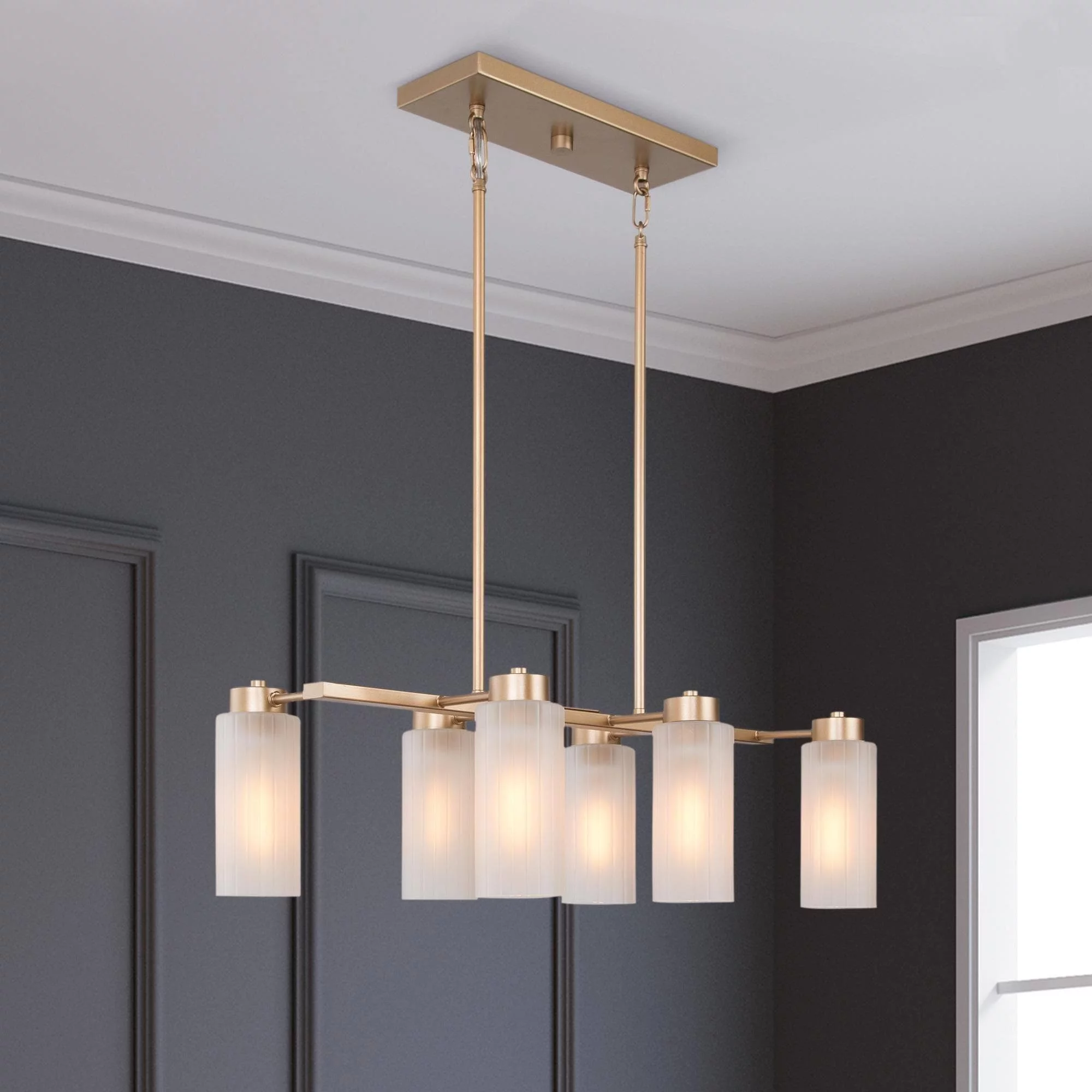 Mid-century Modern 6-Light Gold Linear Chandelier Glass Island Lights for Dining Room - L24.4