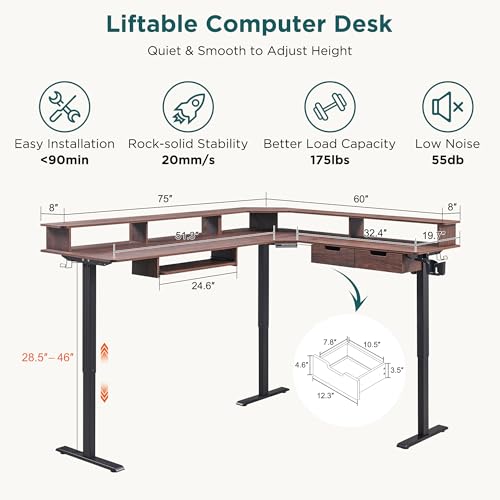 RedLemon 60 Inches L Shaped Electric Standing Desk, Height Adjustable Corner Gaming Desk with Drawers, Power Outlets & LED Lights, Computer Desk with Monitor Shelf, Carbon Fiber Black
