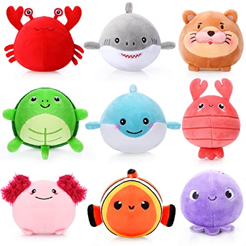 9 Pcs Mini Sealife Stuffed Animals 3.15 Inch Stuffed Shark Turtle Ocean Animal Soft Plushies for Birthday Ocean Party Decors Gift Bag Fillers Easter Basket Stuffers Classroom Prizes