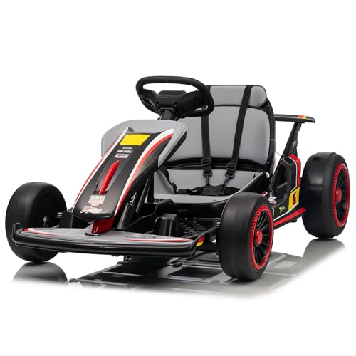 24V Kid Go Kart, 7AH Battery Powered Electric Vehicle, w/150 * 2 Motors, Drifting Car Soft Start, Music, Horn Honking and Safety Belt, Gift for Kids Age 8-12 Years Old, Grey
