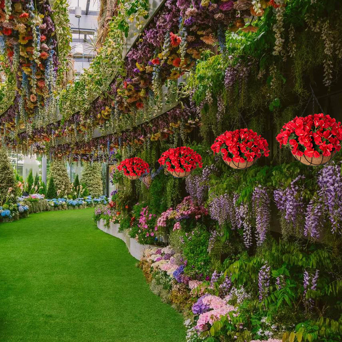 INXUGAO Artificial Flowers Hanging Basket for Outdoor Indoor , Fake Hanging Plant Silk Azalea in Basket Faux Flower Arrangement for Garden Yard Pouch Patio Indoor Home Decoration (red)