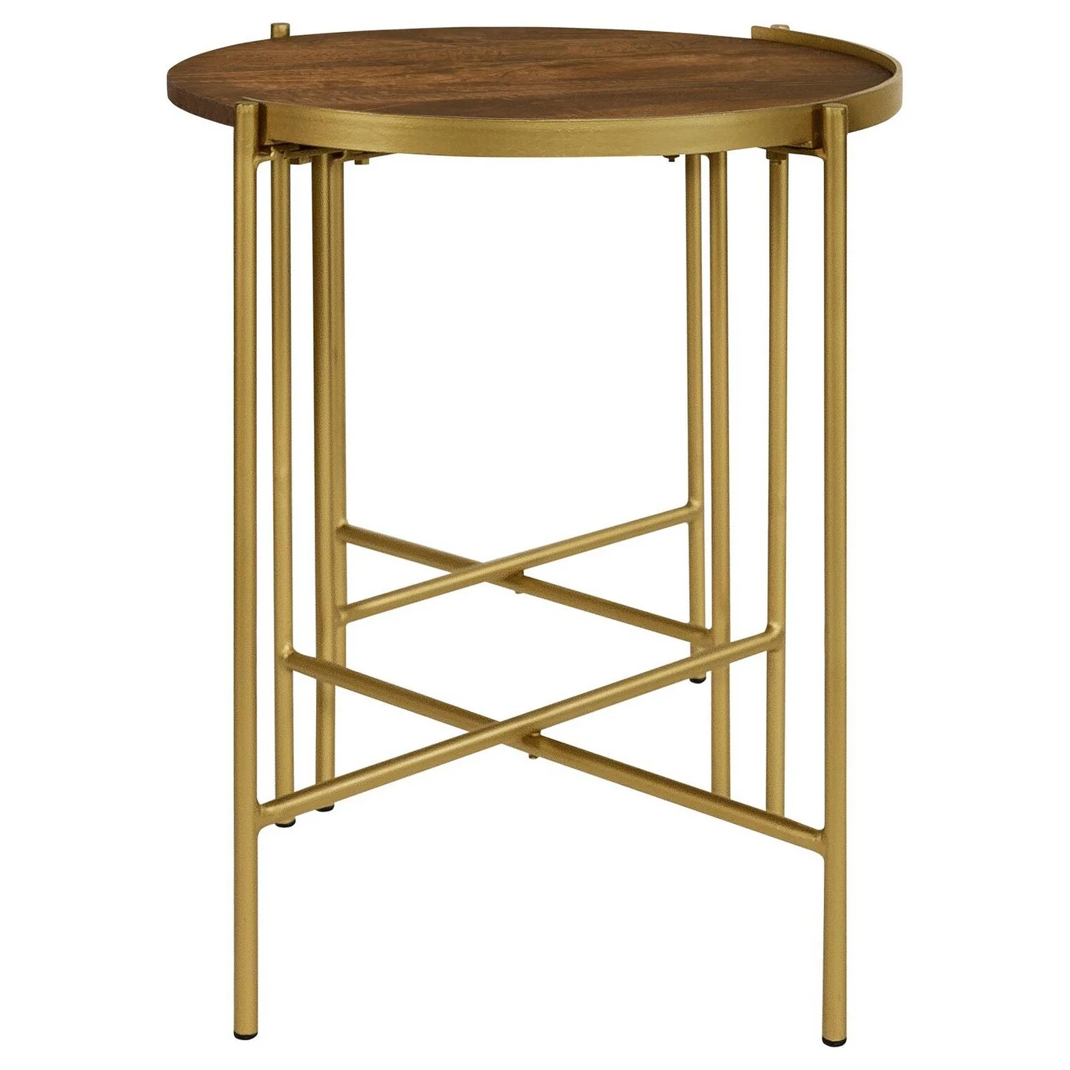 BenJara 2 Piece Round Nesting Tables, Gold Iron, Modern Mango Wood, Warm Brown