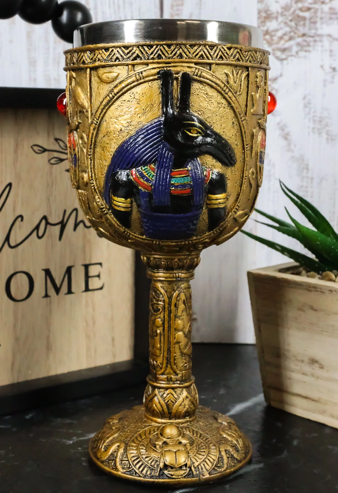 Ebros Ancient Egyptian Seth Wine Goblet in Golden Hieroglyphic Design 6oz 7
