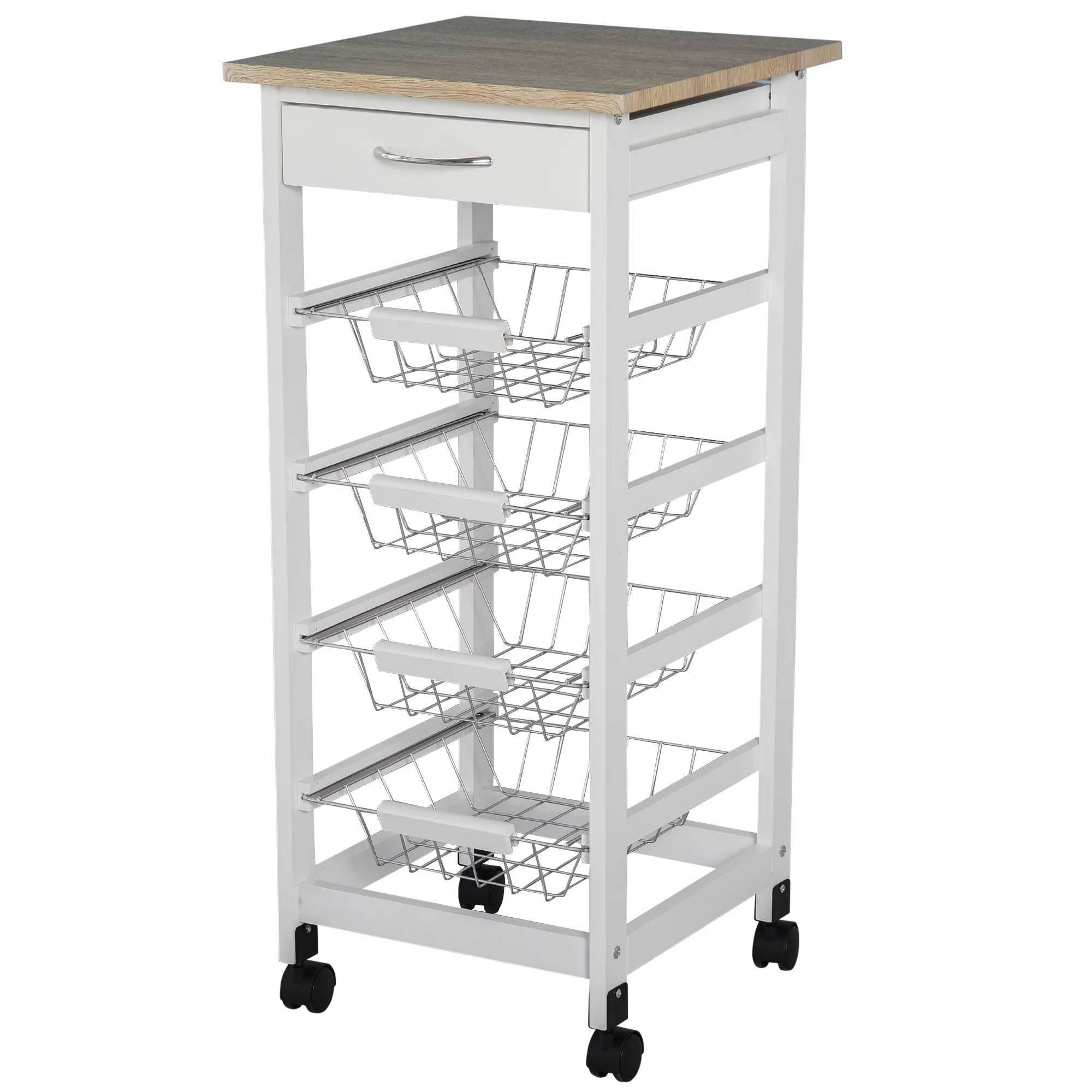 HOMCOM Compact Kitchen Cart, Rolling Kitchen Island with Storage, Solid Wood Frame Utility Cart with 4 Wire Fruit Baskets and Drawer, White