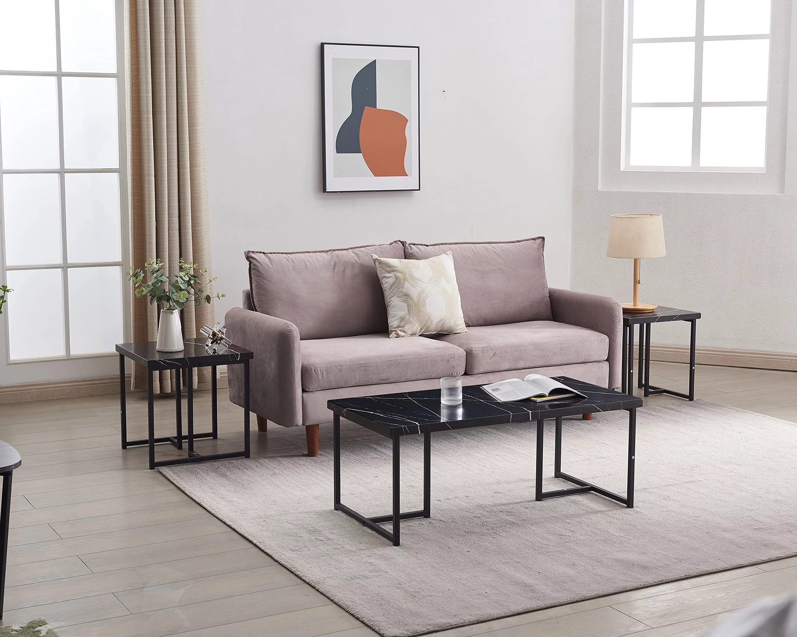 Kings Brand Furniture 3 Piece Faux Marble Coffee Table End Table Set for Living Room (Black)