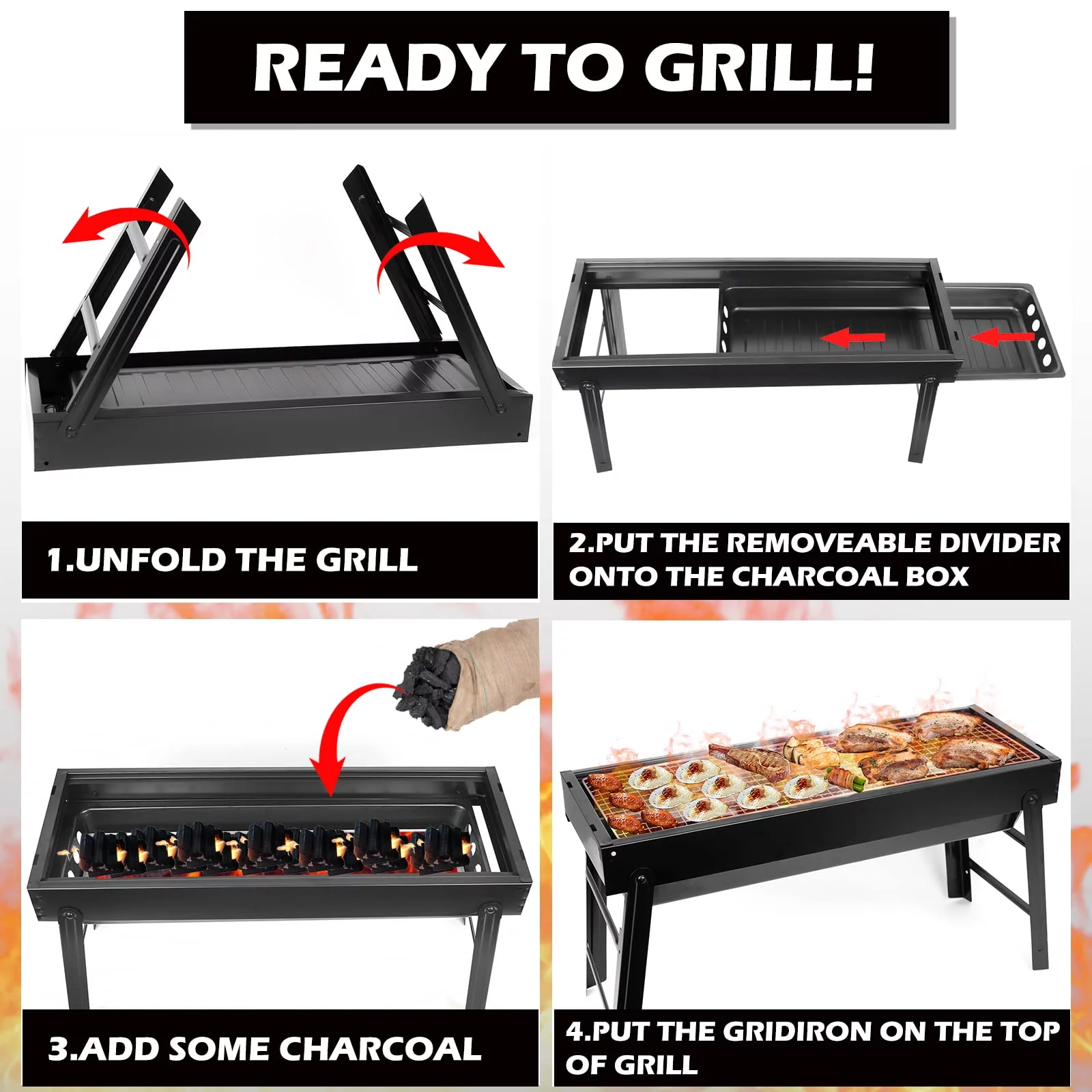 Barbecue Charcoal Grill for Camping, 24 in Mini Grill Stainless Steel Foldable Portable Grill, BBQ Tool Kit for Outdoor Camping Cooking Gear Picnics Beach Home Backyard Party BBQ Beginner