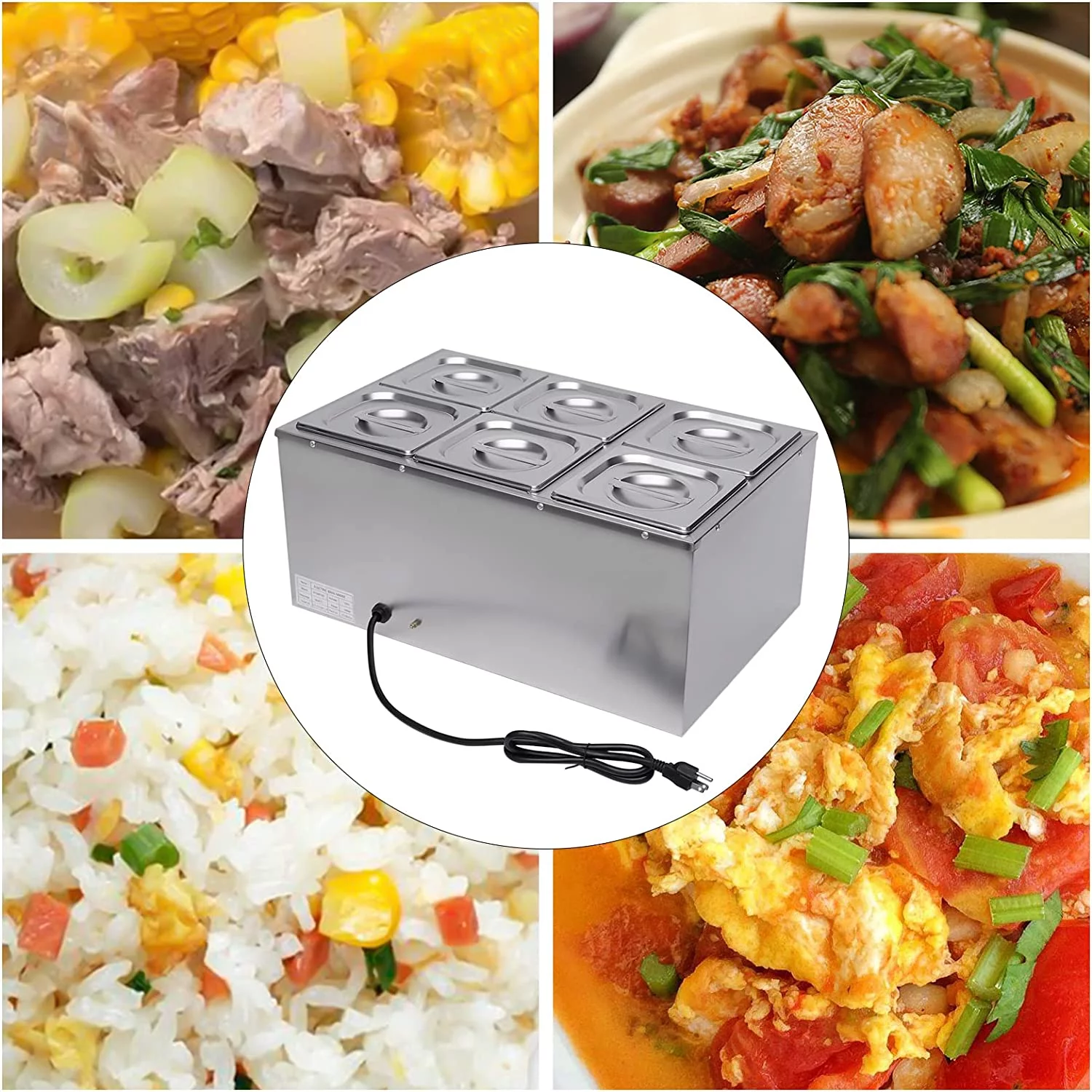 Miumaeov 110V 6-Pan Commercial Food Warmer with Adjustable Temperature from 30°c-85°c Home Food Steam Table Electric Countertop Food Warmer Restaurant Warming Buffet Server