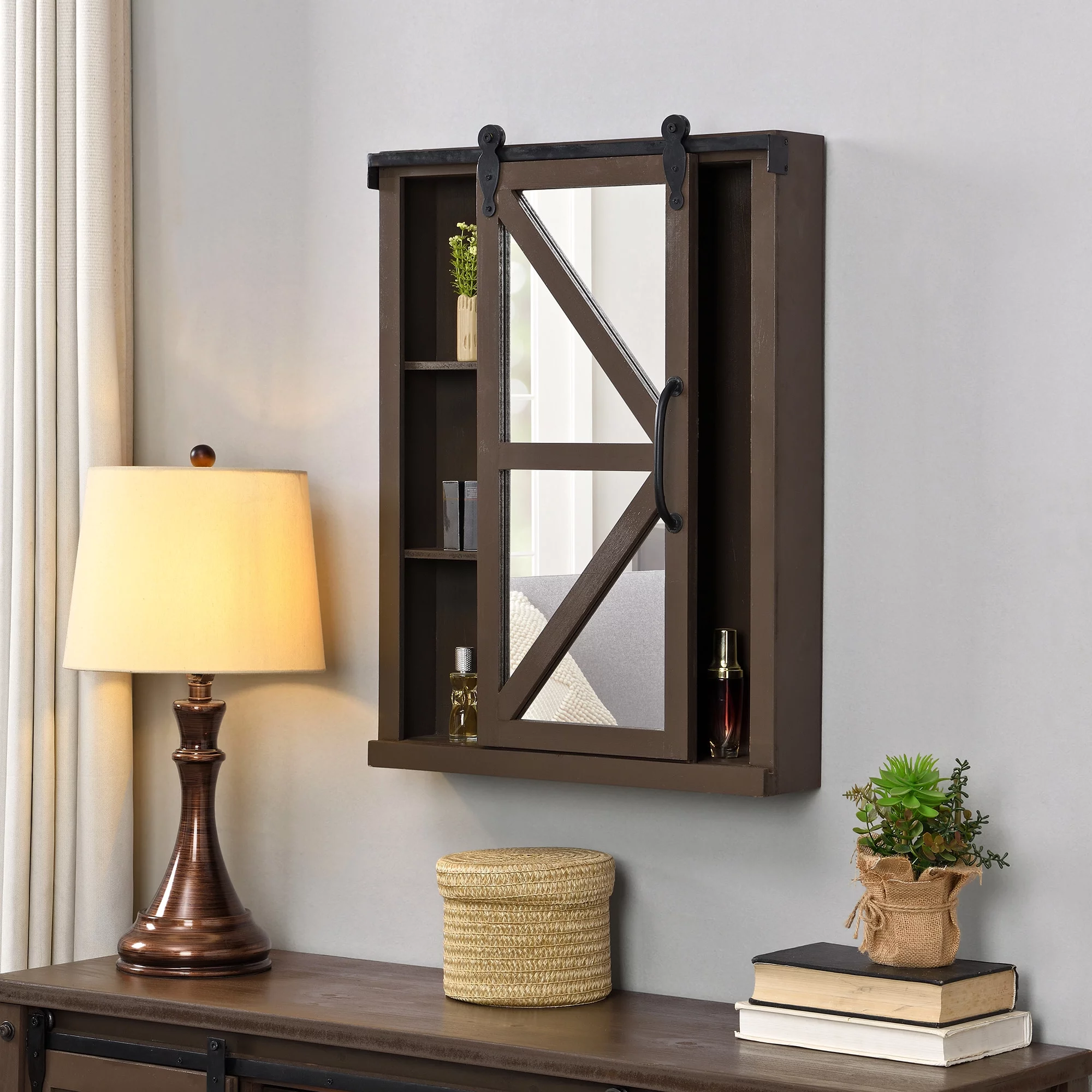 FirsTime & Co. Dark Brown Winona Barn Door Mirrored Cabinet, Farmhouse, Rectangular, 21 x 5.5 x 28 in