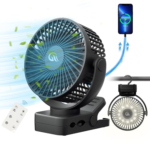 Portable Fan with Remote Control & Timer & LED Lights, 60hrs 12000mAh USB Rechargeable Battery，Clamp/Hanging/Stand Up, Small Clip on Fan for Baby Stroller, Bed, Desk, Camping Tent, Travel