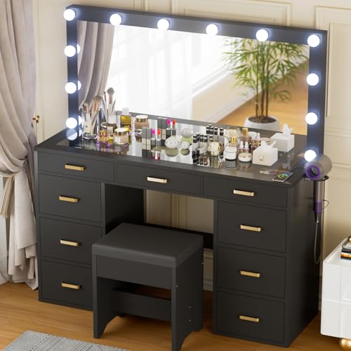 White Vanity Desk Set with Mirror and Lights, 47
