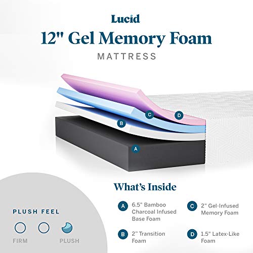 Lucid 8 Inch Full Mattress - Plush Gel Memory Foam – Bamboo Charcoal Foam –Gel Infused- Hypoallergenic Mattress